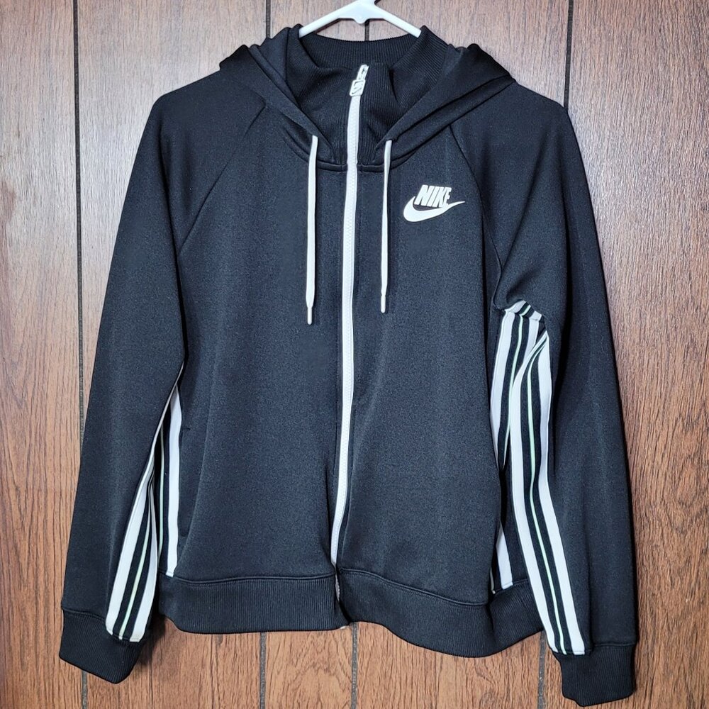 Nike Women's Full Zip Lightweight Hoodie Black w/ White Stripes Size L Retro